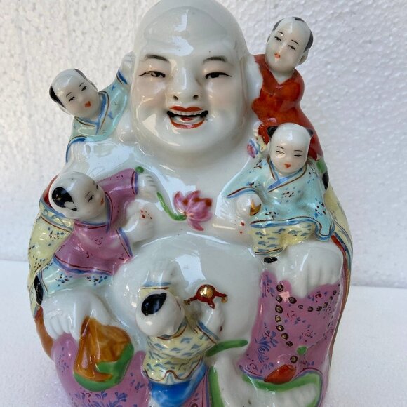 Vintage Chinese AsianHappy Buddha 5 Children